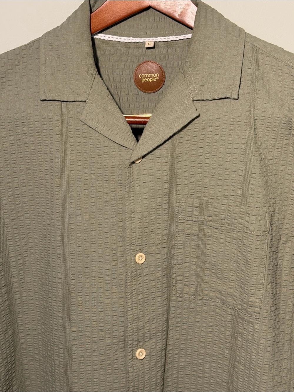 Common People Island Style Olive Green Seersucker Textured Camp Collar Jacket